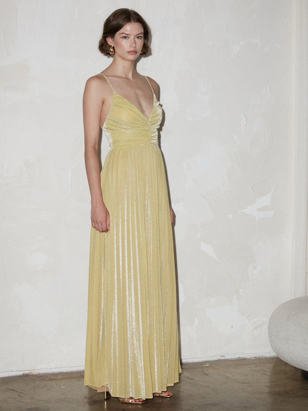 DELFI Collective Helina Sleeveless Pleated Shimmer Maxi Dress Light Yellow Gold